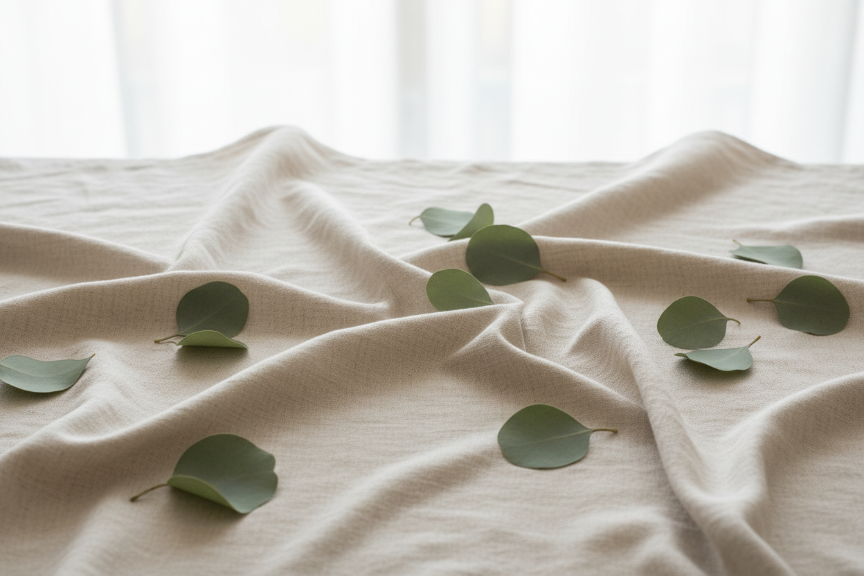 oat cloth vibe
Softer sage leaves (eucalyptus-style)
No harsh wood
Diffused morning light
Clean, editorial aesthetic